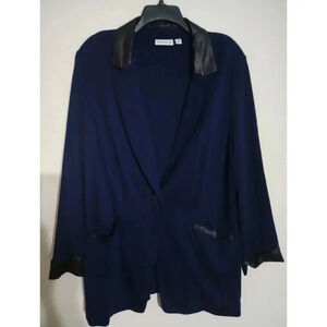 Susan Graver Ponte Knit Blazer Jacket Faux Leather Trim Blue Career Size‎ 22W